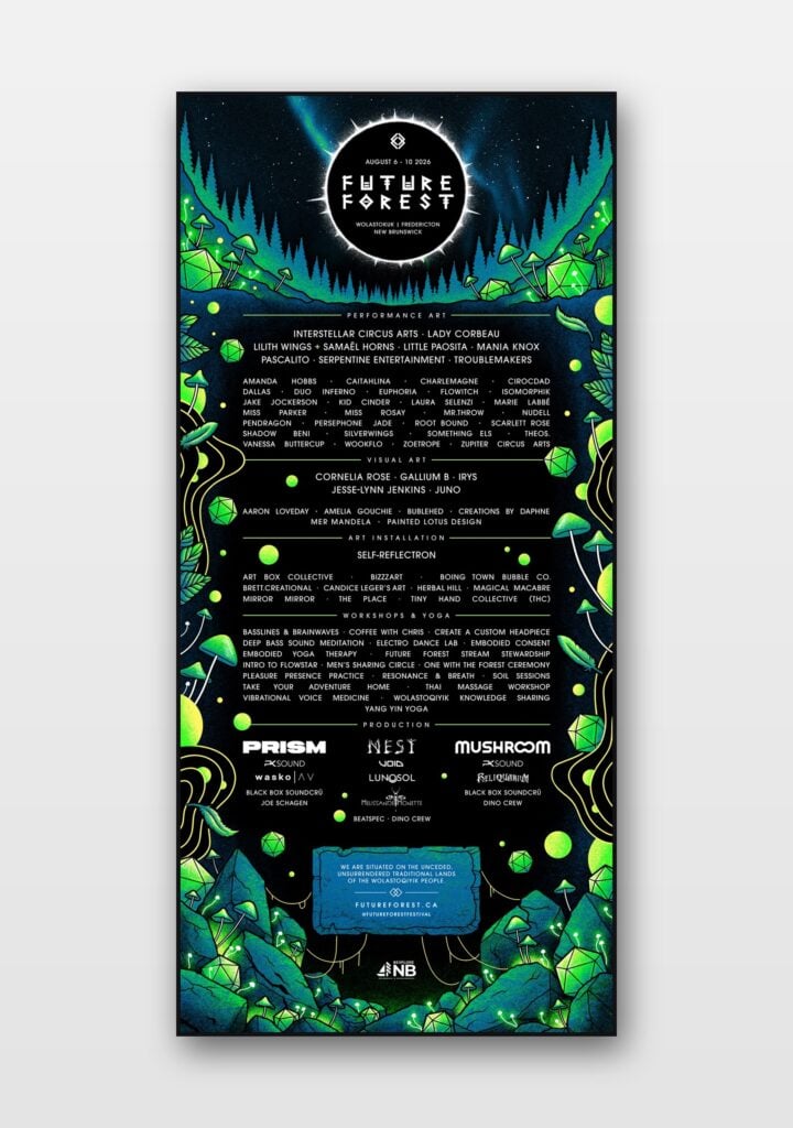 Future Forest 2026 art lineup poster, design by Alex Abbass