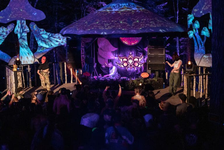 DJ sous un toit en champignon couvert de projections, entre des champignons lumineux, avec des gens qui dansent devant