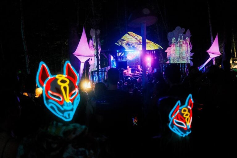 Deux masques de renard lumineux dans la foule la nuit, face à une cabine de DJ éclairée sous un auvent peint
