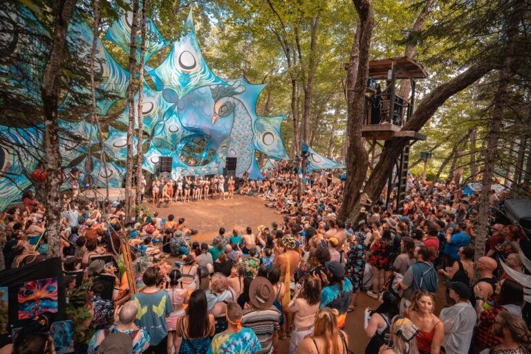 Foule réunie autour d'artistes dans une clairière, sous une immense toile bleue en forme de paon, près d'une cabine perchée