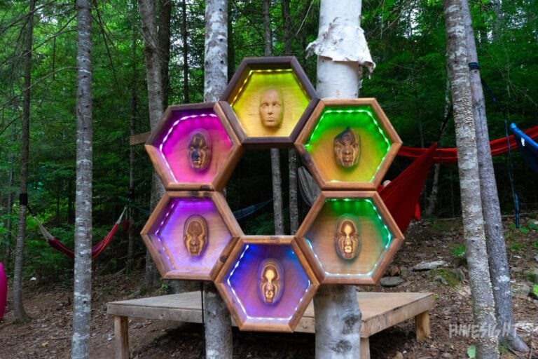 Sculpture en bois de six alvéoles éclairées en rose, jaune, vert et bleu, chacune ornée d'un visage, parmi bouleaux et hamacs