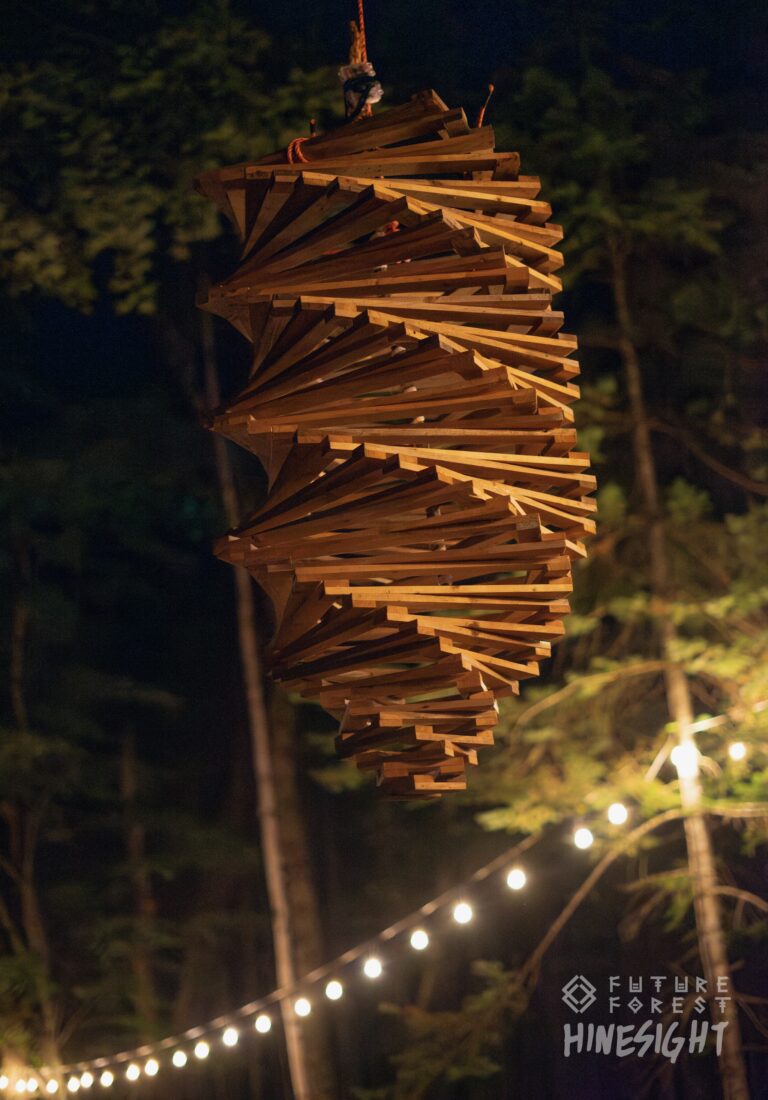 Sculpture suspendue faite de lattes de bois empilées en spirale, éclairée la nuit, avec une guirlande lumineuse entre les arbres