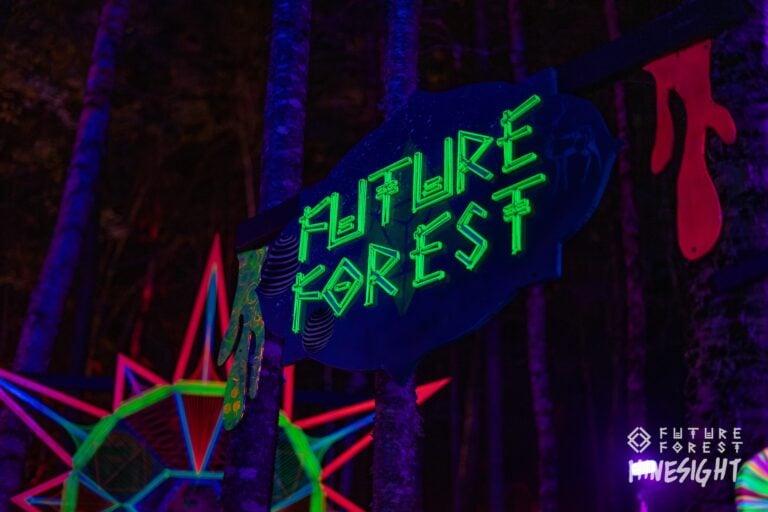 Enseigne verte lumineuse portant les mots FUTURE FOREST, accrochée entre des troncs d'arbres la nuit, avec une étoile néon en dessous