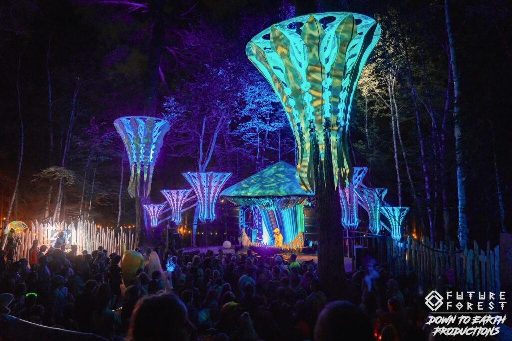 Tall illuminated mushroom canopy art installations tower over the night crowd at Future Forest