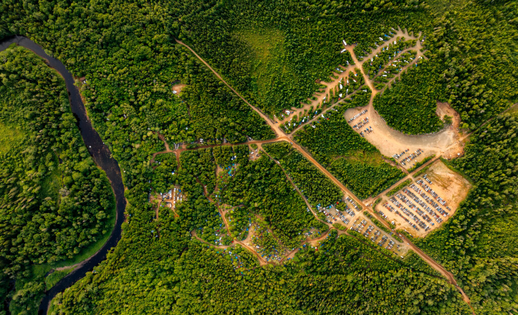 Aerial view of the Future Forest festival grounds in the New Brunswick forest