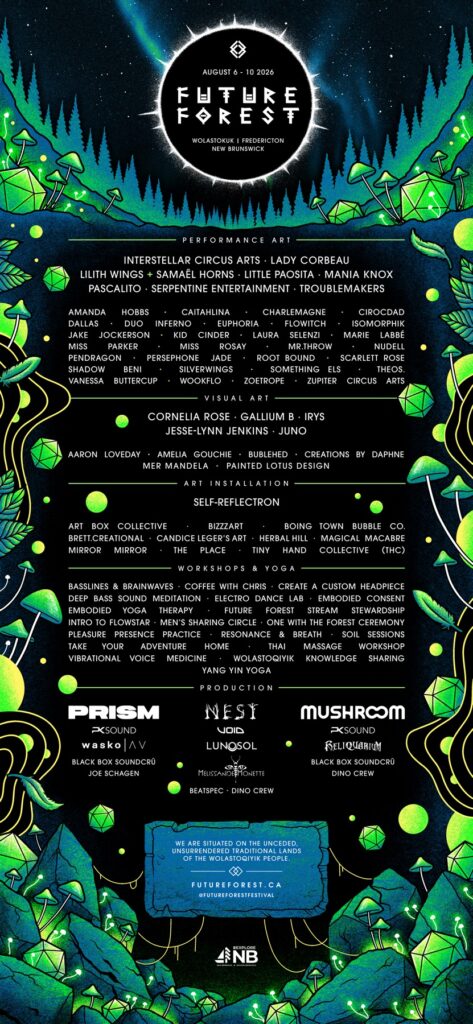 Future Forest lineup poster listing artists across PRISM, HUT and Mushroom stages in cosmic forest art
