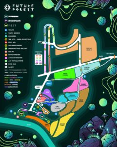 Illustrated Future Forest festival site map showing stages, areas and amenities with a legend