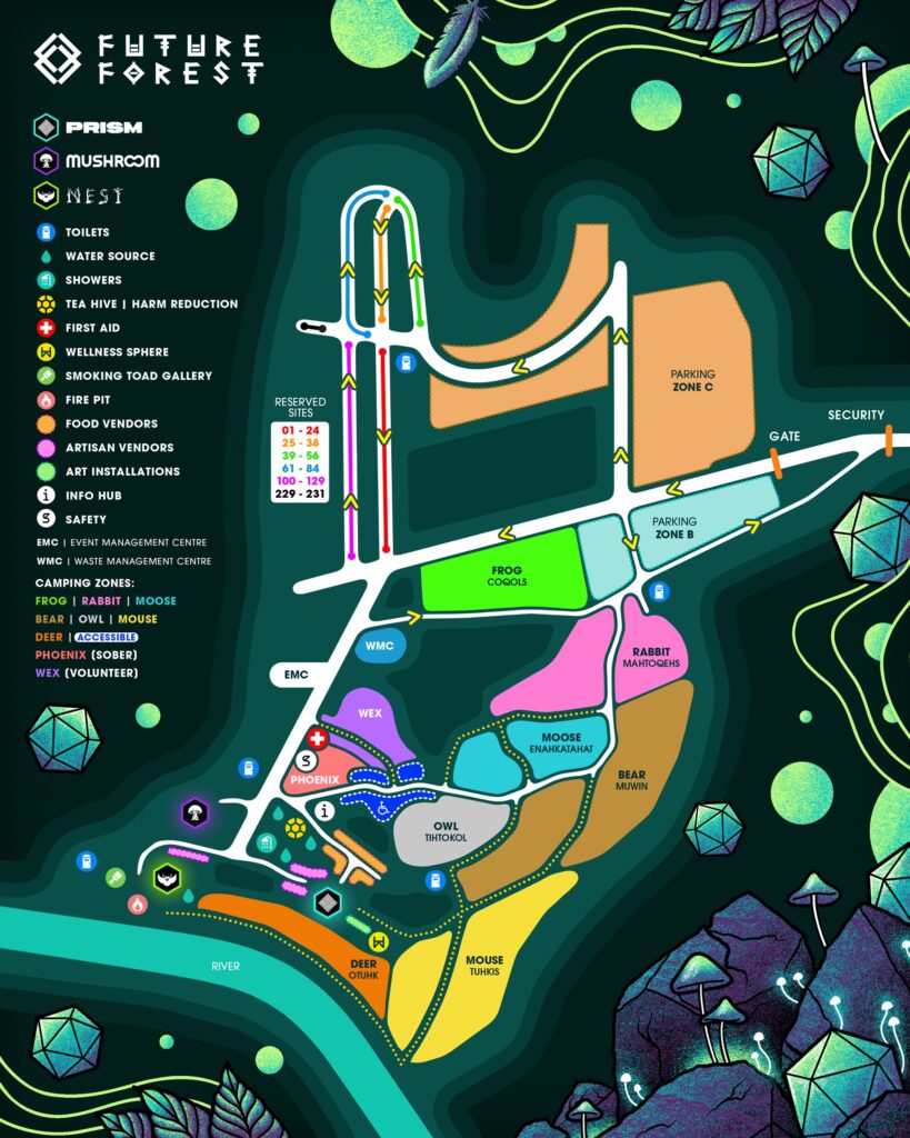 Future Forest 2026 festival site map — camping zones, stages, parking, water, toilets, first aid and amenities
