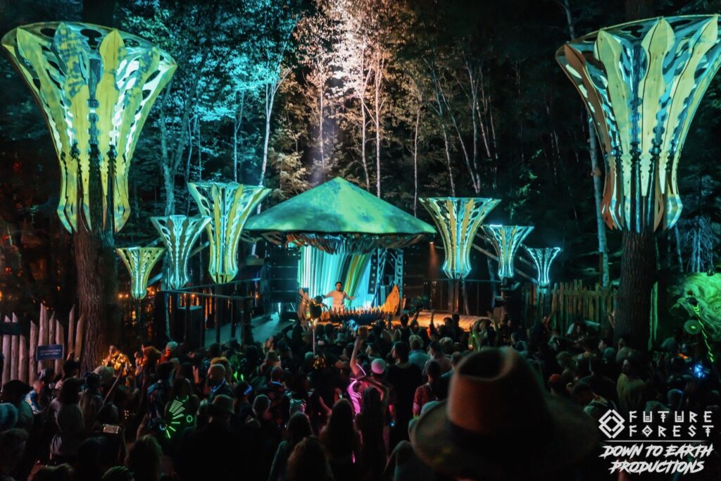 The Mushroom Stage at Future Forest lit up with colourful projection at night